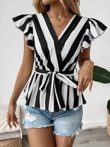 Detail of the elegant V-neck and ruffled butterfly sleeves on the striped summer blouse