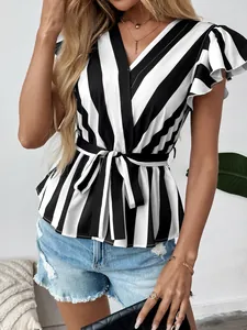 Detail of V-neck striped shirt showing flutter sleeves and waist tie detail