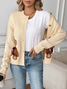 Gilet en Maille pour Femme Jacquard Ours Col Rond Simple Boutonnage Doux Manches Longues avec Détail de Nœud 3D