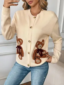 Gilet beige mignon avec jacquard ours et nœuds 3D pour femmes, style chic 2025