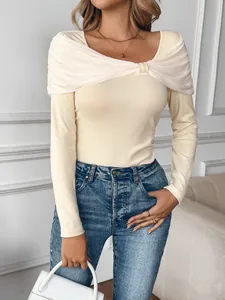 Haut en Maille Style Français Épaules Dénudées pour Femmes en Viscose Manches Longues Coupe Ajustée avec Nœud Torsadé Mode Élégante