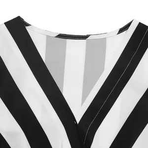 Close-up of the V-neckline and striped pattern on this women short sleeve shirt