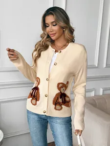 Gilet en maille beige pour femme avec motifs d'ours mignons et petits nœuds rouges soyeux