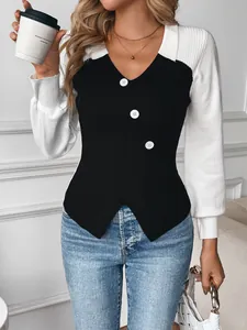 Chic black and white color-block V-neck knit sweater for women with decorative buttons