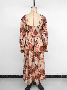 Detail of floral printed maxi dress featuring square neckline and smocked back panel