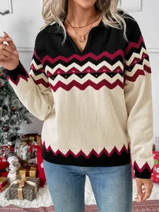 Women's V-neck knit sweater with zigzag geometric patterns in festive tricolor design