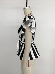 Detailed view of women's striped V-neck top featuring ruffled sleeves and a waist tie