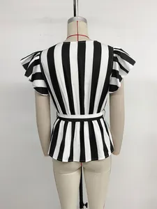 Detail of ruffle sleeves and back tie on black and white striped V-neck short sleeve shirt