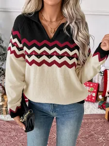 Women's V-neck knit sweater with wave pattern color block in festive Christmas setting