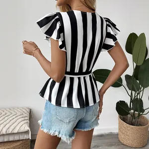 Women's V-neck black and white striped short sleeve shirt with ruffle sleeves and waist tie