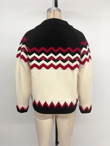 Detail showing the geometric zigzag knit pattern and textured tricolor back of the sweater