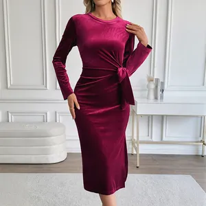 Elegantes weinrotes Samt-Midikleid für Damen Slim Fit Rundhalsausschnitt Langarm Seitenschlitz Knotenkrawatte Party Bankett Abendkleid