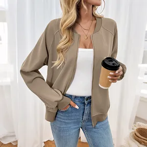 Women Casual Bomber Jacket Khaki Solid Color Loose Zipper Long Sleeve Outerwear Coat With Ribbed Trim For Spring Autumn