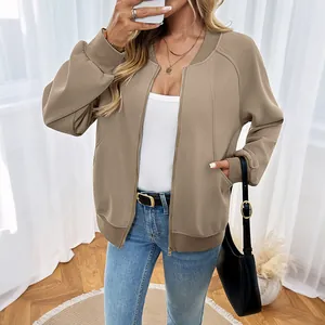 Women's oversized khaki bomber jacket with ribbed trim and zip closure in casual style