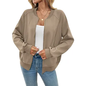 Women casual khaki baseball collar jacket with zipper and ribbed trims for 2025 autumn fashion