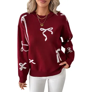 Burgundy crewneck knit sweater with white bow jacquard pattern for women fashion