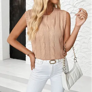 Elegant cable-knit sleeveless sweater vest for women in soft peach pink, round neck style