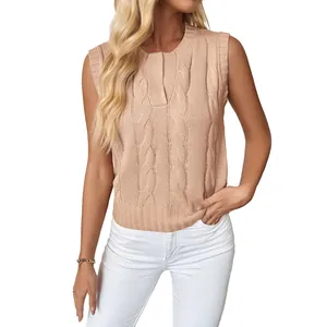 Chic apricot cable knit sweater vest with crew neck and ribbed hem for women