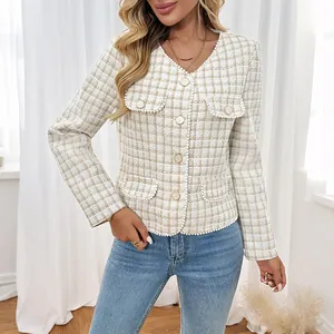 Dames Elegante Chanel Stijl Tweed Jas Geruite Cardigan Met Knoppen Kunstparelafwerking Slim Fit V-Hals Lange Mouwen Bovenkleding