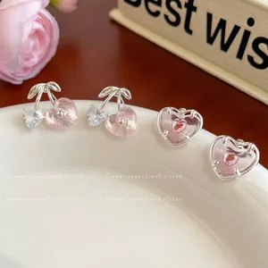 Boucles d'Oreilles Clous en Forme de Cœur Cerise Rose Doux Avec Tige en Argent Sterling 925 Alliage Zirconium Bijoux Élégants pour Femmes Cadeau