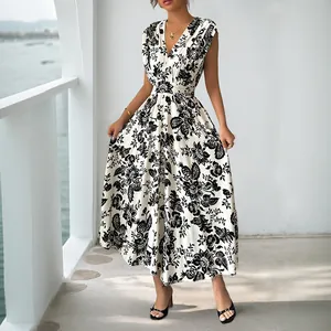 Elegant vintage black and white floral V-neck sleeveless maxi dress for women outdoors
