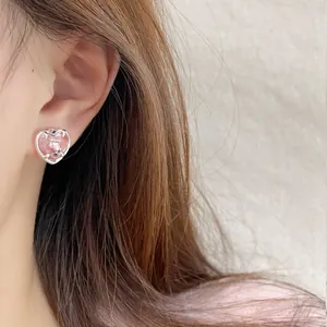 Boucles d'oreilles cœur rose en argent pour femme, bijoux élégants et transparents