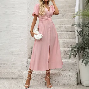 French Elegant Pink V Neck Puff Sleeve Midi Dress Ruched High Waist Slit Viscose Blend Dress for Women Banquet