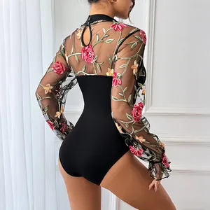 Sheer lace bodysuit with rose embroidery, long sleeves, and high neck for women