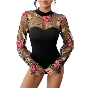 Elegant black long sleeve bodysuit featuring sheer mesh lace and floral rose embroidery