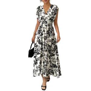 Elegant vintage black and white floral V-neck sleeveless long dress for women