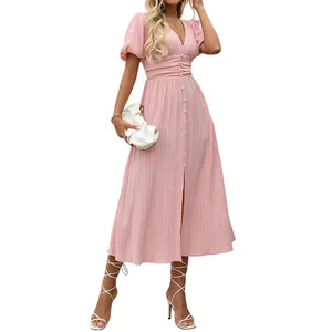 Elegant light pink midi dress with puff sleeves, V-neck, and button detail on white background
