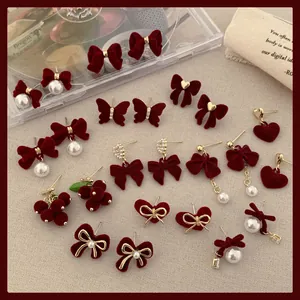 Alloy Flocking Bow Stud Earrings With 925 Sterling Silver Earring Post Vintage Red Heart Artificial Pearl Zirconia Drop Earrings For Women