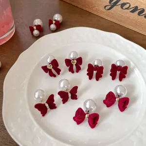 Vintage Wine Red Velvet Bow Stud Earrings With 925 Sterling Silver Earring Post Sweet Faux Artificial Pearl Rhinestone Jewelry For Women