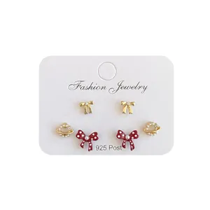 Three-piece red polka dot bow and pearl stud earring set with 925 silver posts