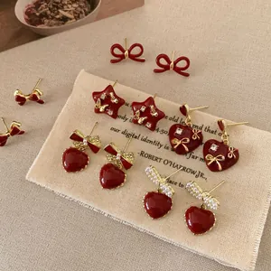 Vintage Red Enamel Heart Star Stud Earrings With 925 Sterling Silver Earring Post Gold Plated Rhinestone Bow Earrings For Women Jewelry