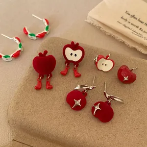 Cute Red Flocked Apple Dangle Earrings With 925 Sterling Silver Earring Post Asymmetric Enamel Fruit Earrings For Women Girls Jewelry Gift