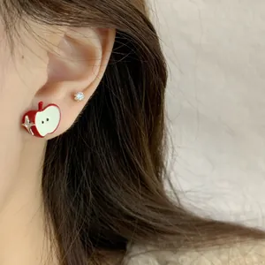 Funny red velvet apple stud earrings with shiny zircon stone for Chinese New Year