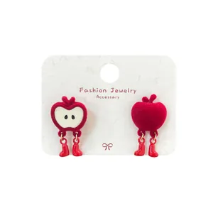 Funny red flocked apple earrings with boots pendants for Chinese New Year festive look