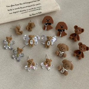 Cute Flocked Bear Rabbit Stud Earrings 925 Sterling Silver Earring Post Zirconia Animal Earrings For Women Sweet Jewelry