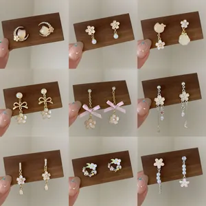 Sweet Pink Cherry Blossom Earrings With 925 Sterling Silver Earring Post Alloy Enamel Flower Drop Earrings Cat Moon Bowknot Jewelry For Women Wedding Birthday Gift