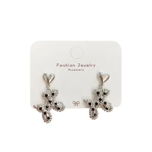 Silver balloon dog earrings with black rhinestones and heart studs for women