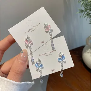 Elegant Butterfly Cat's Eye Stone Dangle Tassel Earrings With Silver Earring Post Alloy Zirconia Jewelry For Women Gift