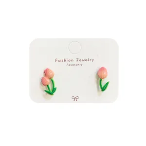 Sweet asymmetric tulip stud earrings in pink and green enamel for women spring style