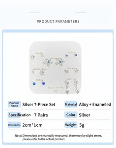 Detail view of seven-pair silver earring set with geometric shapes and blue resin inlay