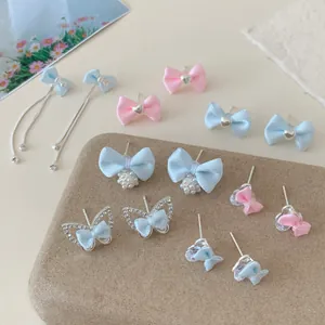 Sweet Ins Style Fabric Bow Stud Earrings With Silver Earring Post Zirconia Artificial Pearl Heart Butterfly Earrings For Women Jewelry