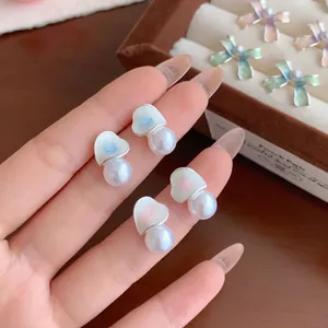 Heart Bow Flower Stud Earrings With 925 Sterling Silver Earring Post Enamel Artificial Pearl Rhinestone Elegant Jewelry For Women