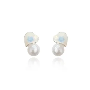 Elegant blue heart enamel earrings with white pearls and delicate silver needles