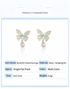 Detail view of butterfly pearl tassel earrings with blue gradient oil drip finish