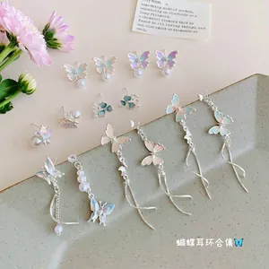 Dreamy Gradient Enamel Butterfly Tassel Earrings For Women Alloy Faux Artificial Pearl Long Drop Earrings With 925 Sterling Silver Earring Post Jewelry