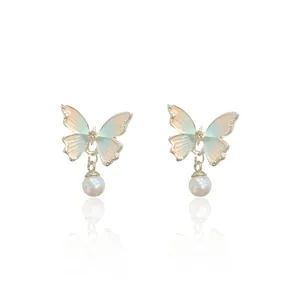 Gradient butterfly earrings with pearl tassels and silver pins for a dreamy long design